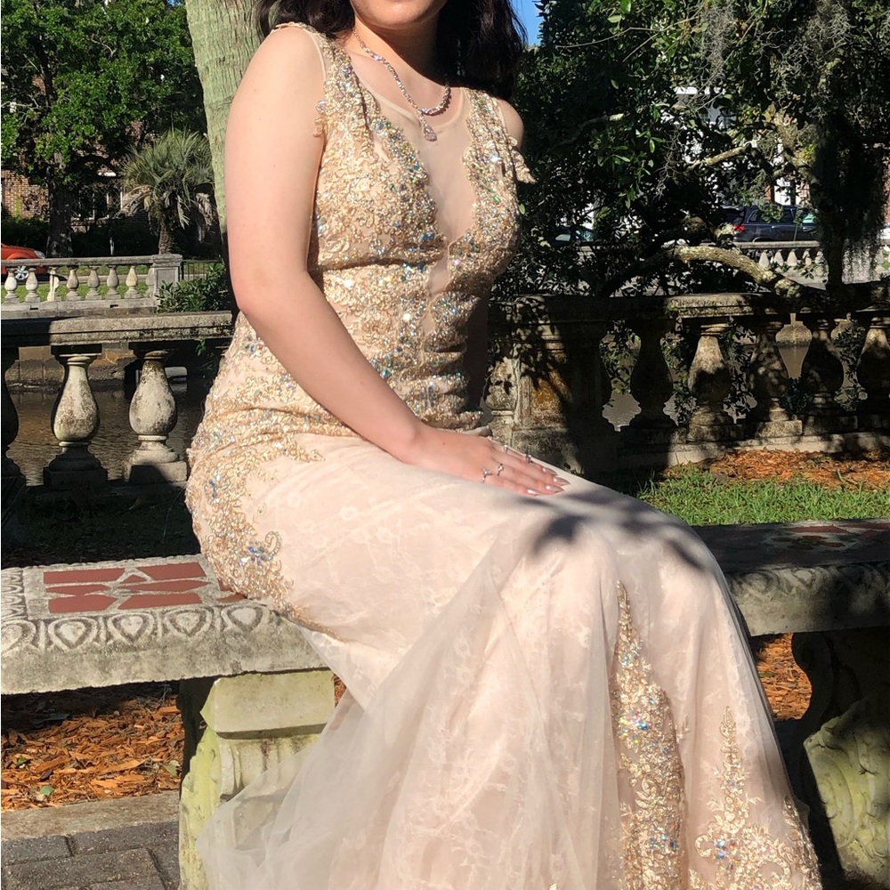 Tan Rhinestoned Prom Dress